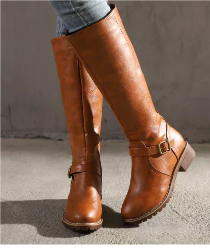Women's Flat Buckle Knee-High Boots