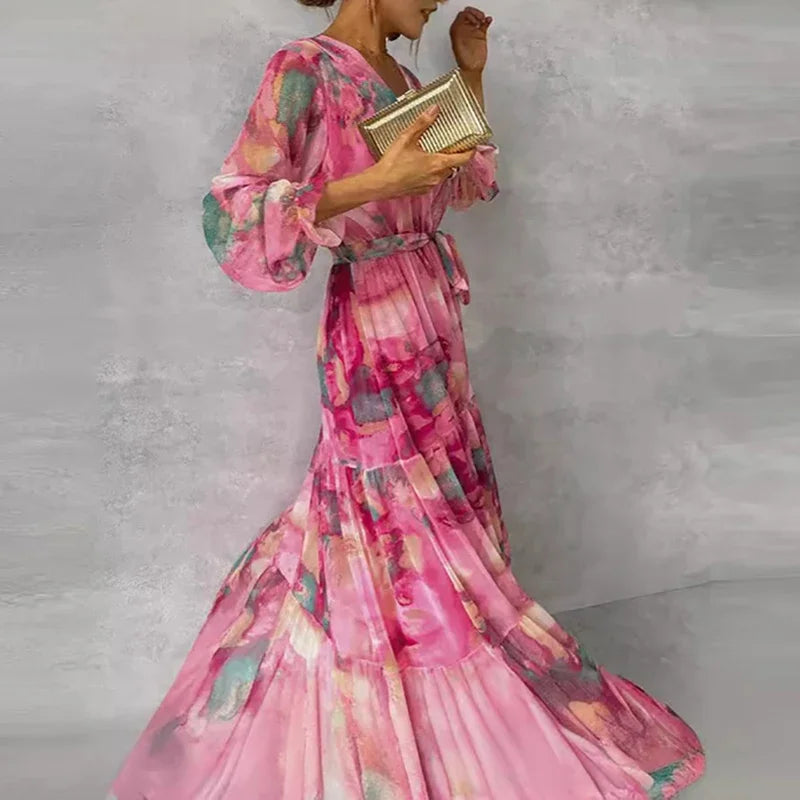 Women's Floral Wrap V-Neck Maxi Dress