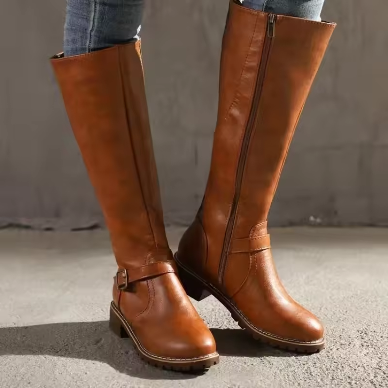 Women's Flat Buckle Knee-High Boots