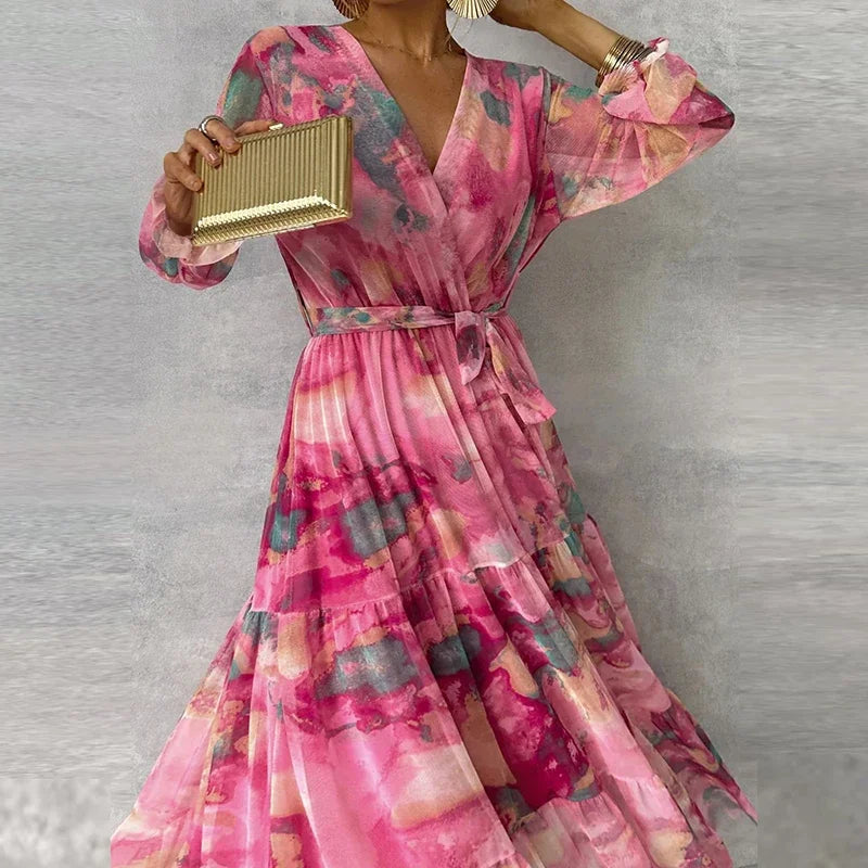 Women's Floral Wrap V-Neck Maxi Dress
