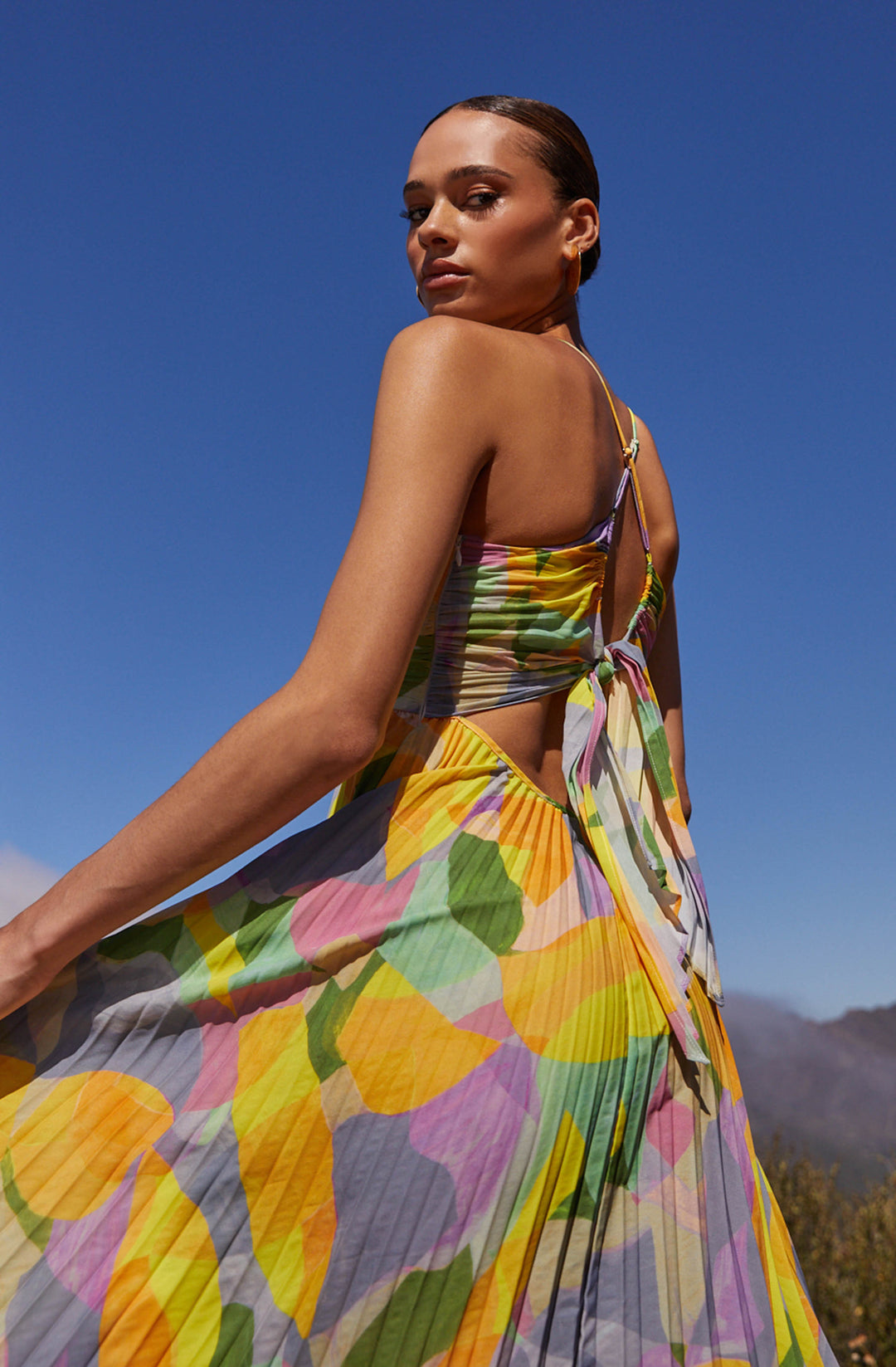 Women's Pleated Cross-Tie Back Maxi Dress