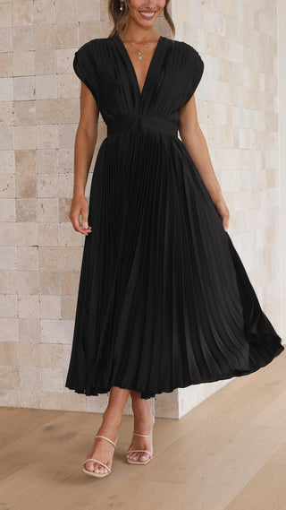 Women's Pleated V-Neck Tie Waist Maxi Dress