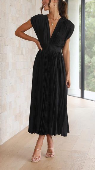 Women's Pleated V-Neck Tie Waist Maxi Dress