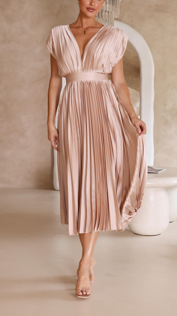 Women's Pleated V-Neck Tie Waist Maxi Dress