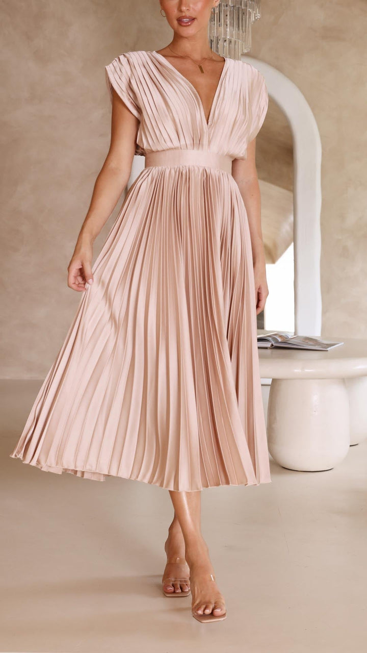 Women's Pleated V-Neck Tie Waist Maxi Dress