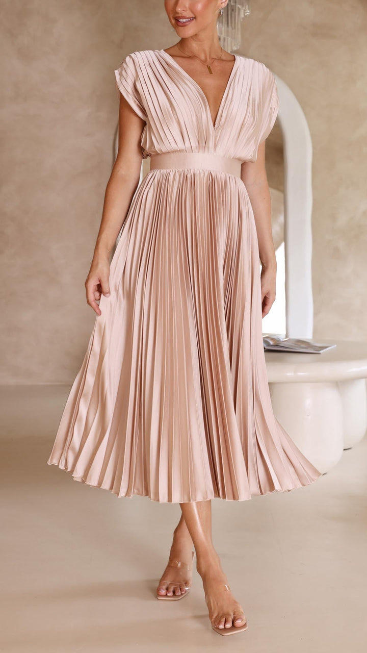 Women's Pleated V-Neck Tie Waist Maxi Dress