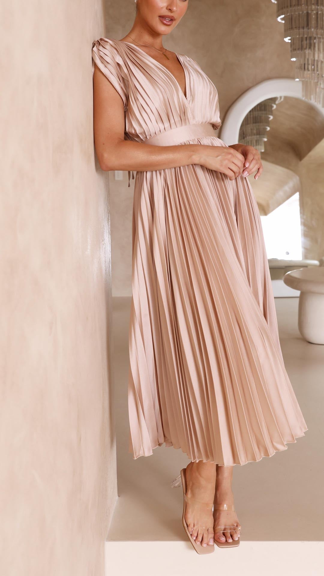 Women's Pleated V-Neck Tie Waist Maxi Dress