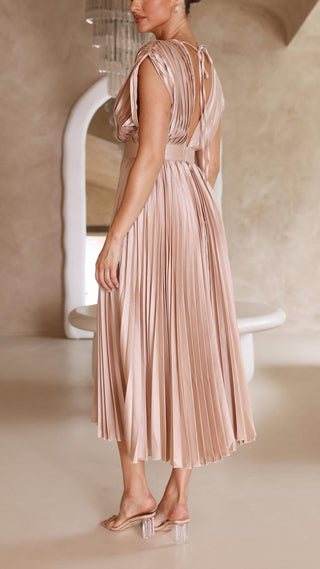 Women's Pleated V-Neck Tie Waist Maxi Dress