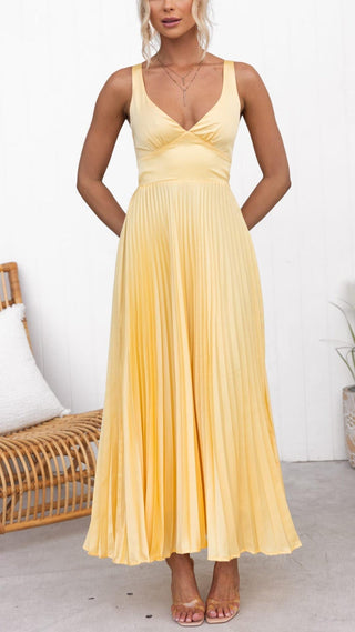 Women's Pleated V-Neck Maxi Dress