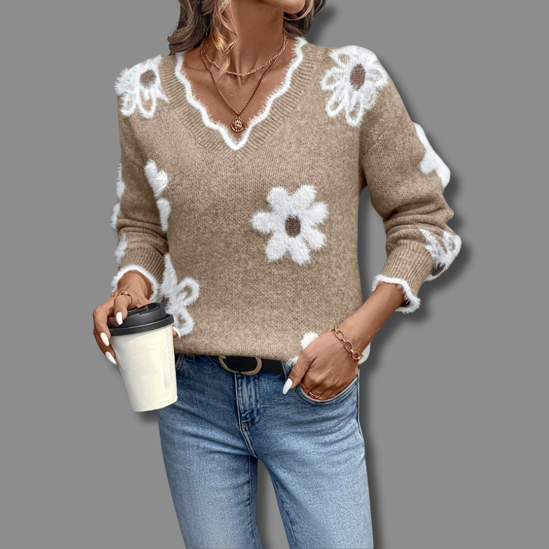 Women's Floral Applique V-Neck Sweater