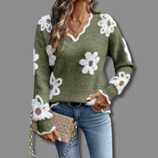 Women's Floral Applique V-Neck Sweater