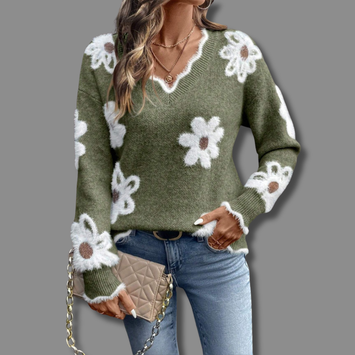 Women's Floral Applique V-Neck Sweater