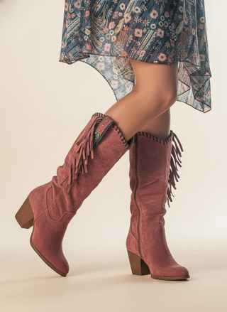 Women's Fringe Mid-Calf Block Heel Boots