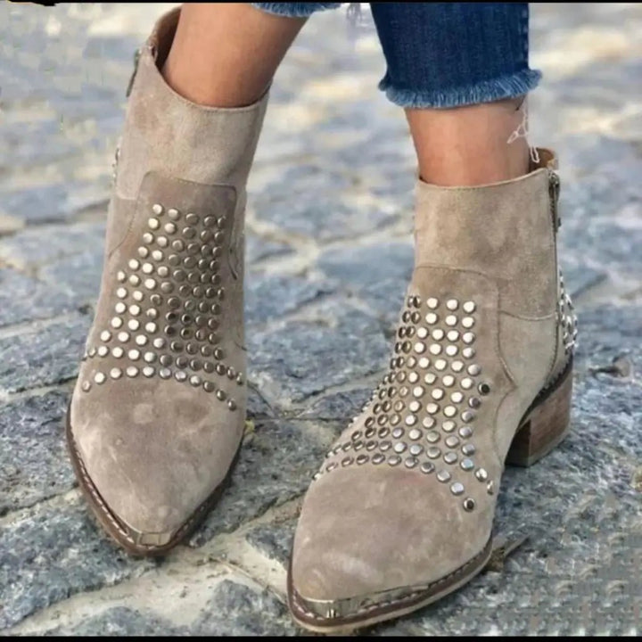 Charlotte | Ankle Boots Studded Pointed Toe Side Zip Chunky Heel