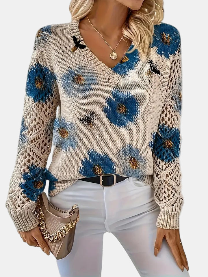 Women's Floral Knit V-Neck Sweater