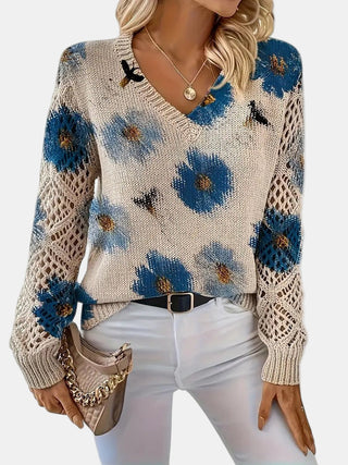 Women's Floral Knit V-Neck Sweater