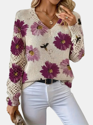 Women's Floral Knit V-Neck Sweater