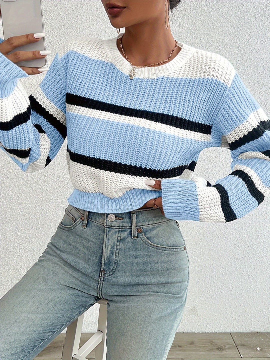 Women's Striped Round-Neck Knit Sweater