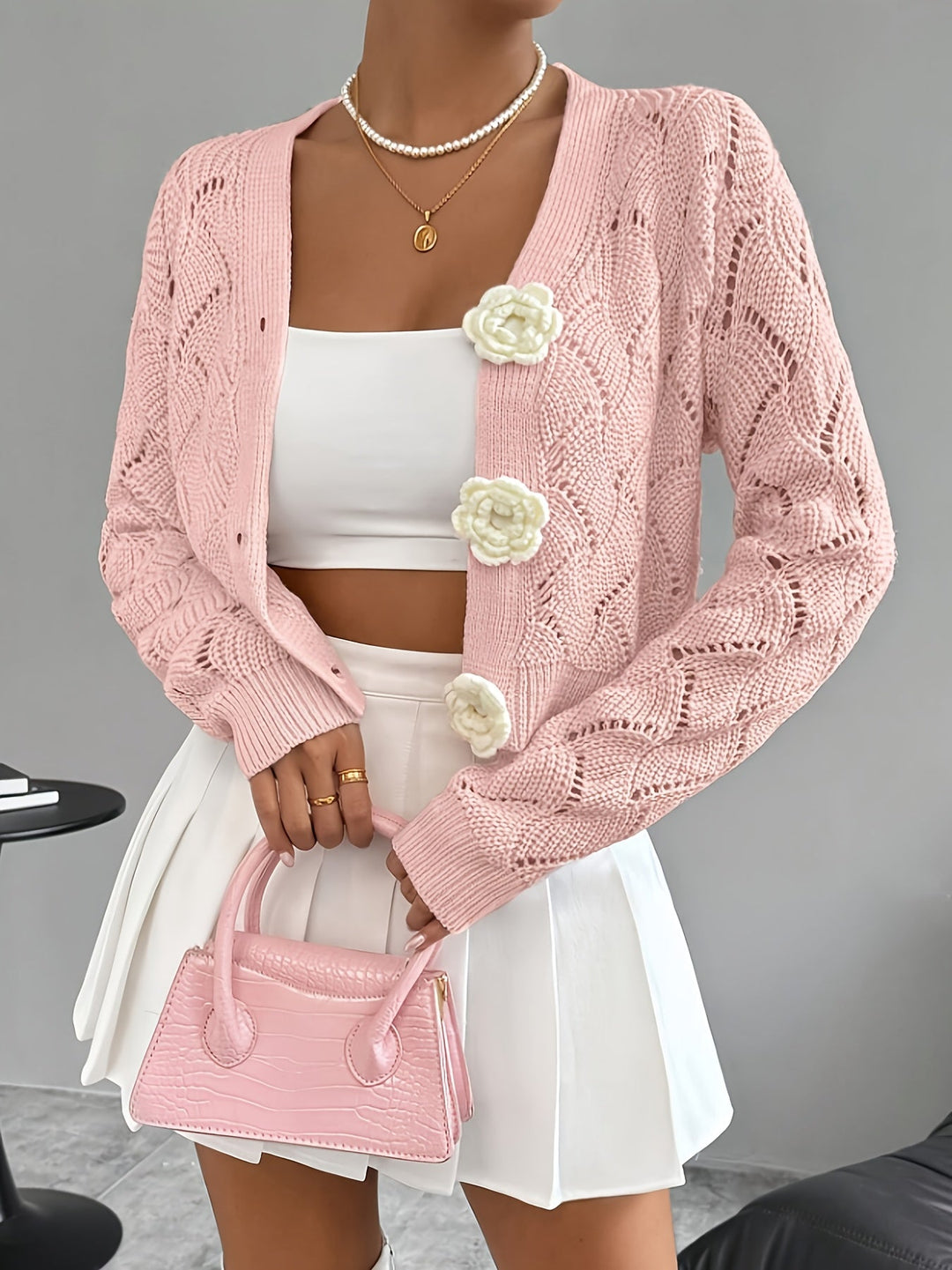 Women's Crochet Knit Floral Button Cardigan