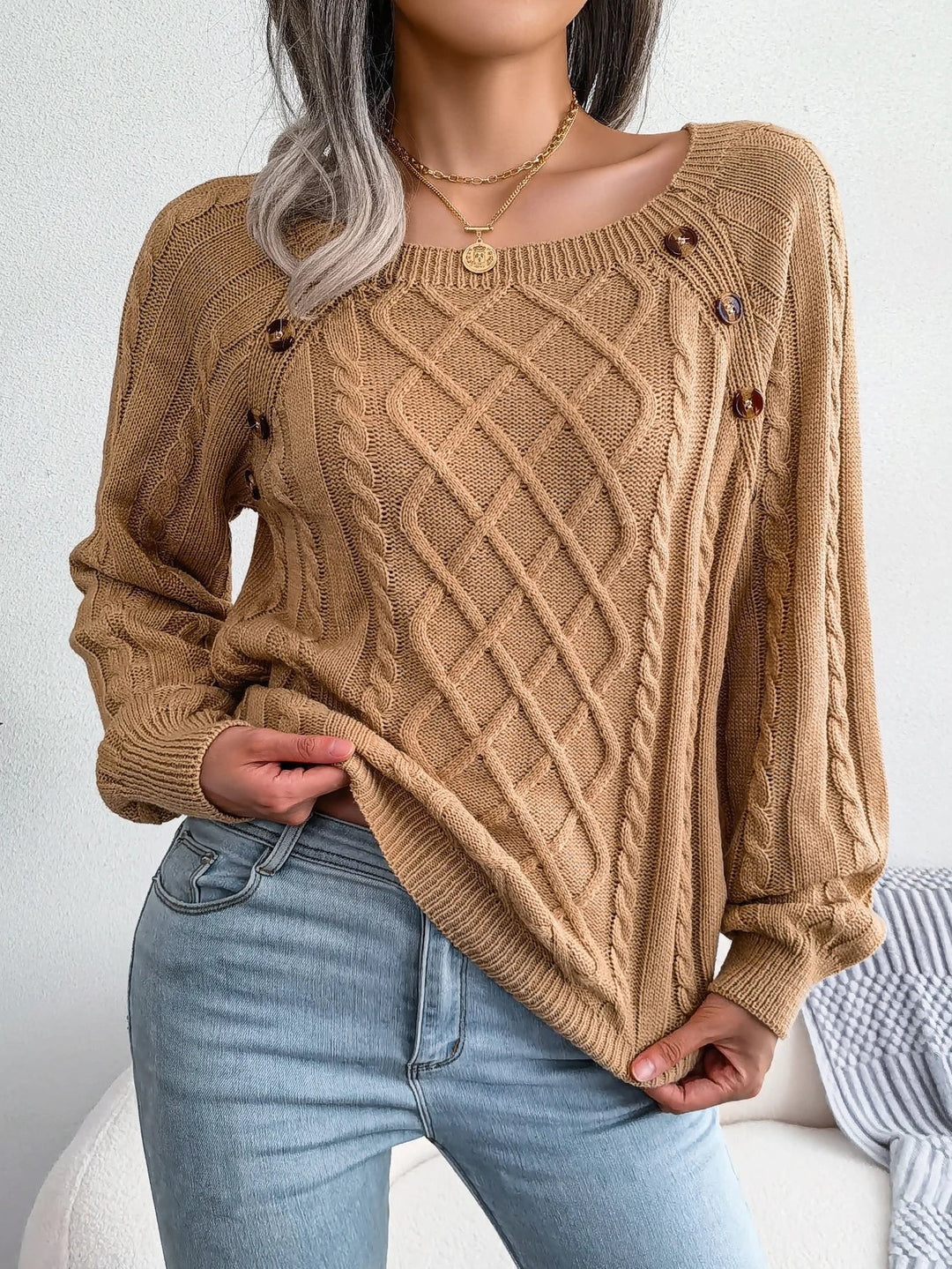 Women's Cable Knit Square Neck Button Sweater