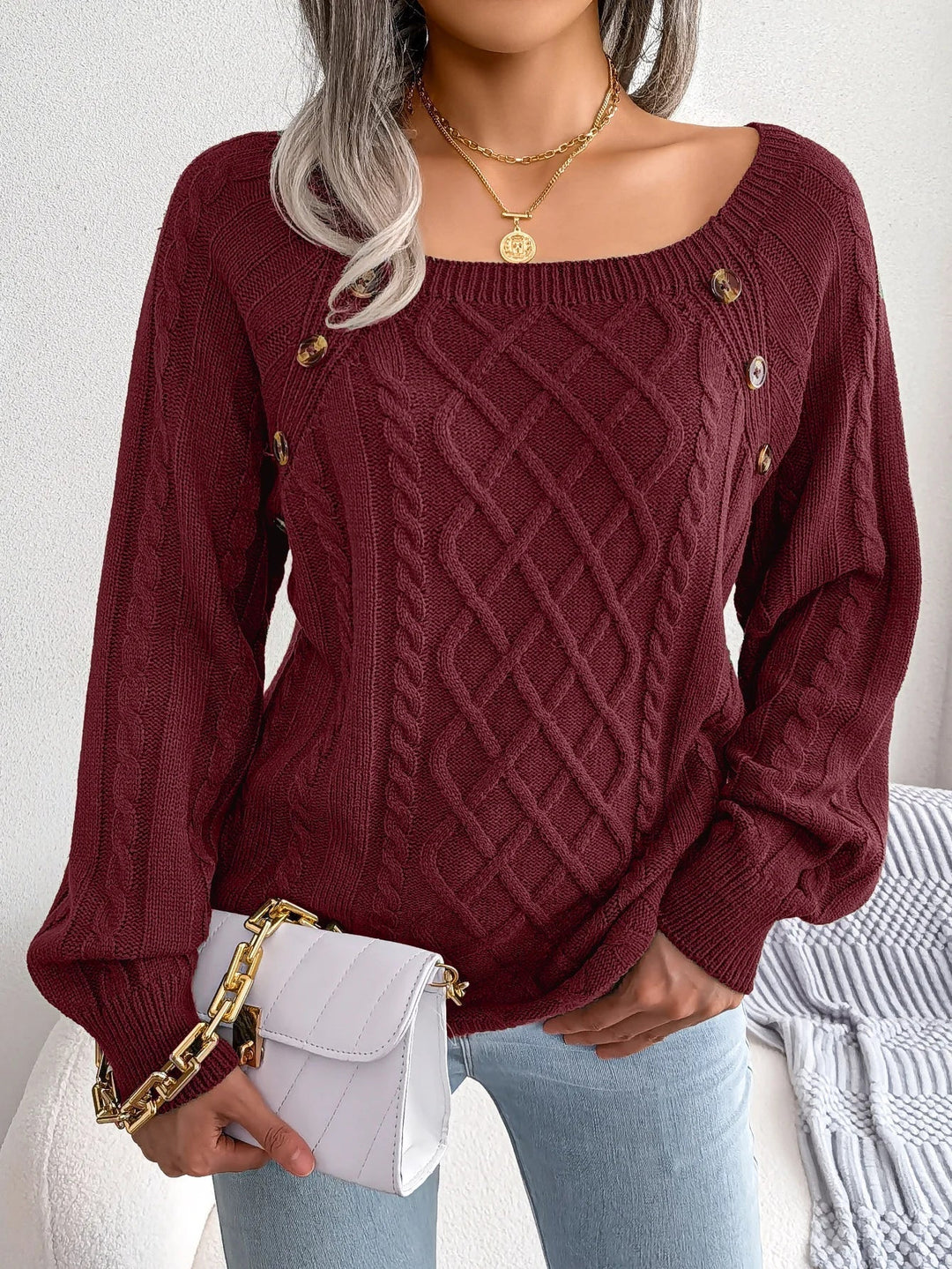 Women's Cable Knit Square Neck Button Sweater