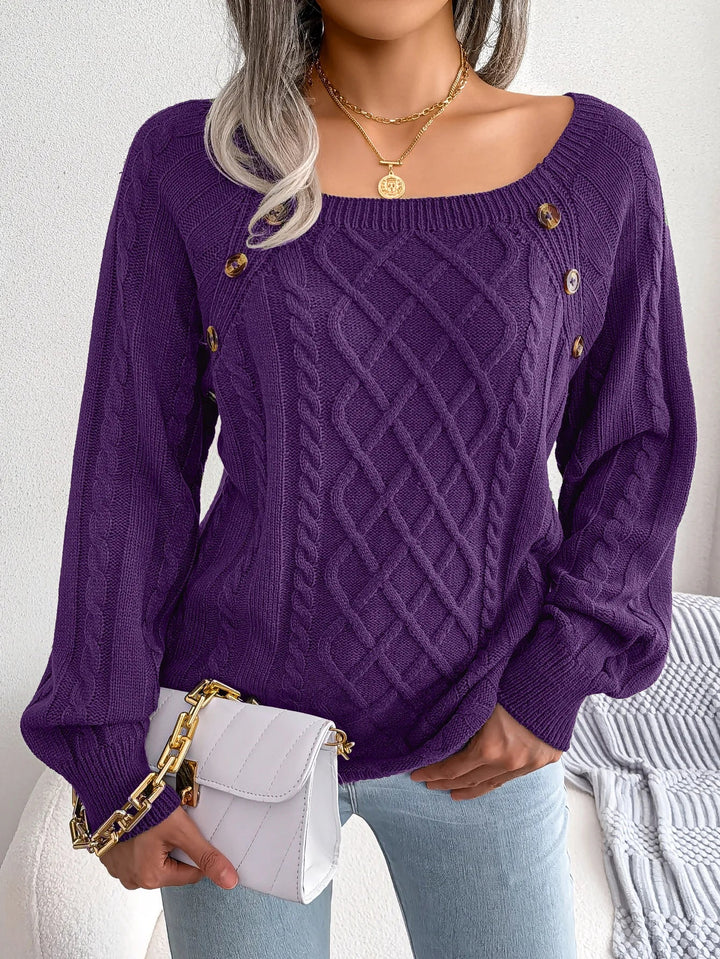 Women's Cable Knit Square Neck Button Sweater