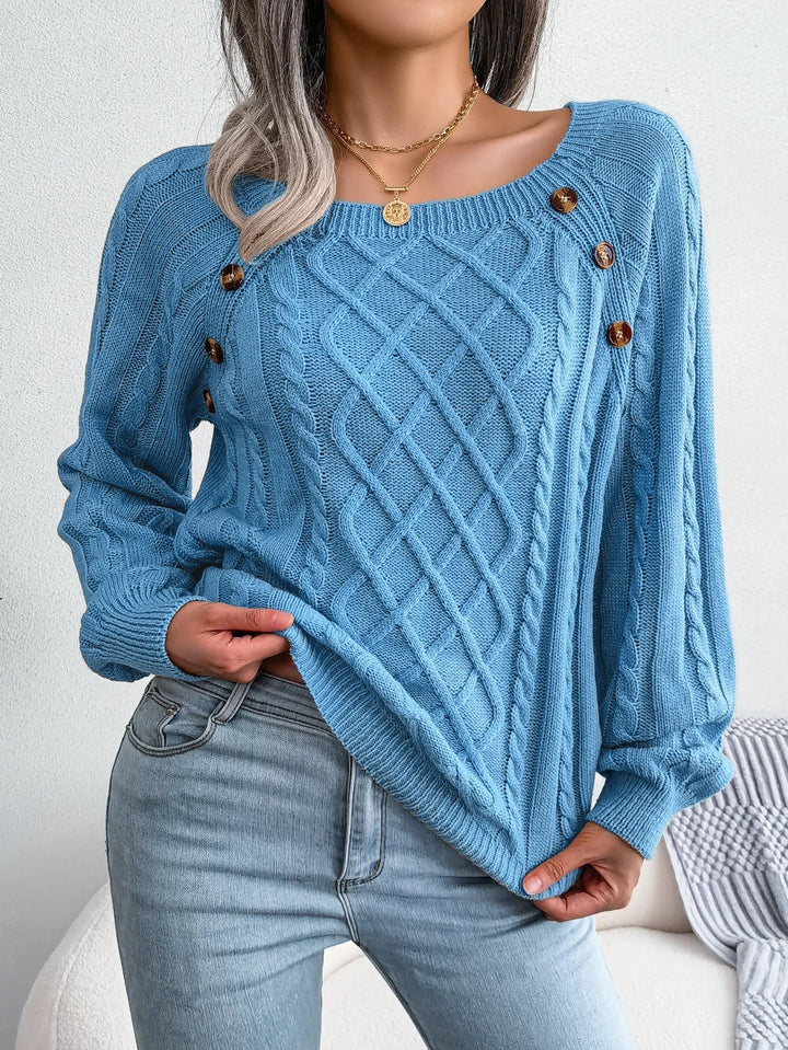 Women's Cable Knit Square Neck Button Sweater