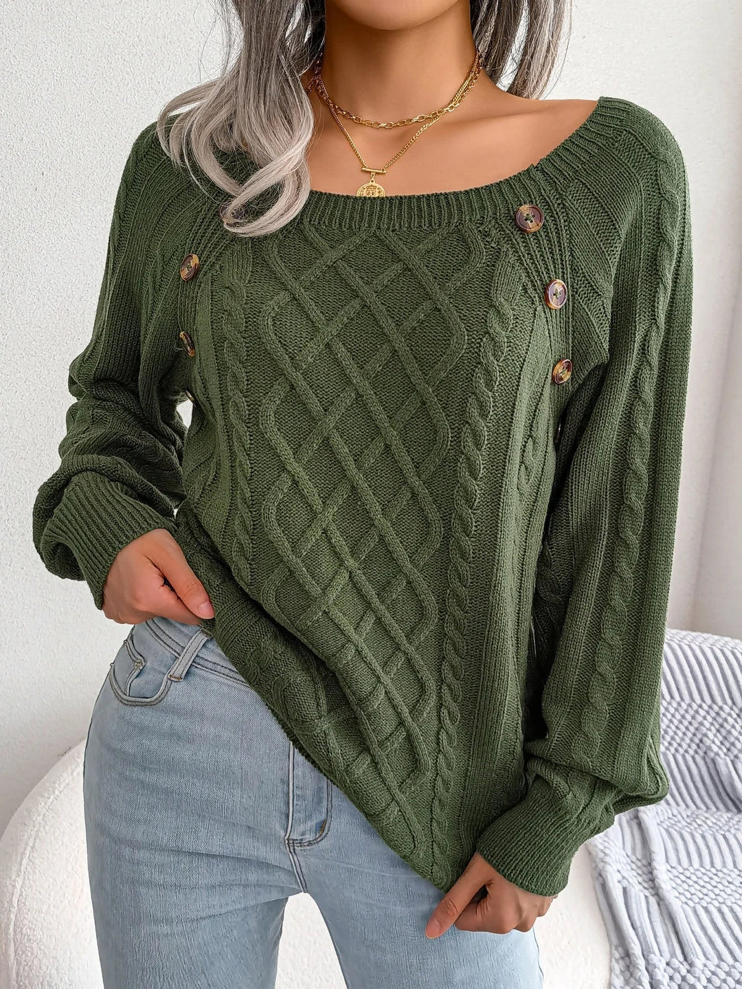 Women's Cable Knit Square Neck Button Sweater