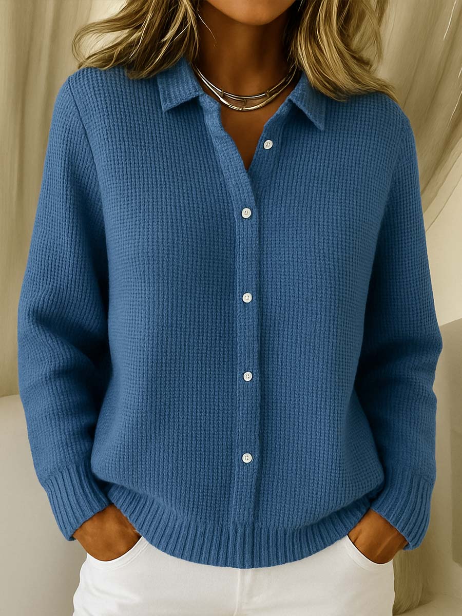 Women's Waffle Knit Collared Shirt Cardigan