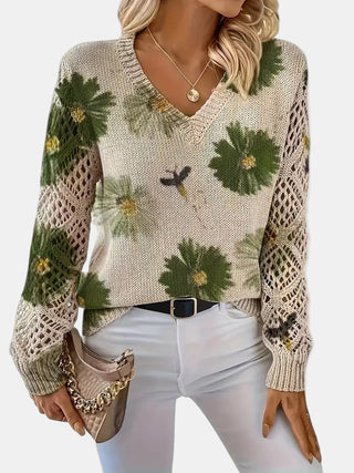 Women's Floral Knit V-Neck Sweater