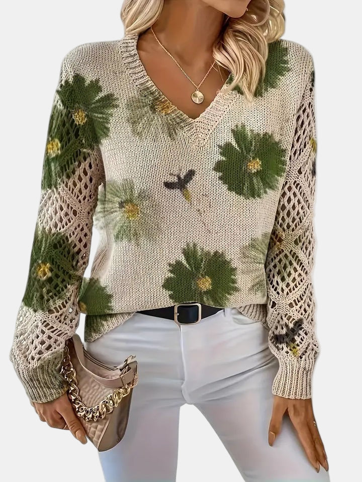 Women's Floral Knit V-Neck Sweater