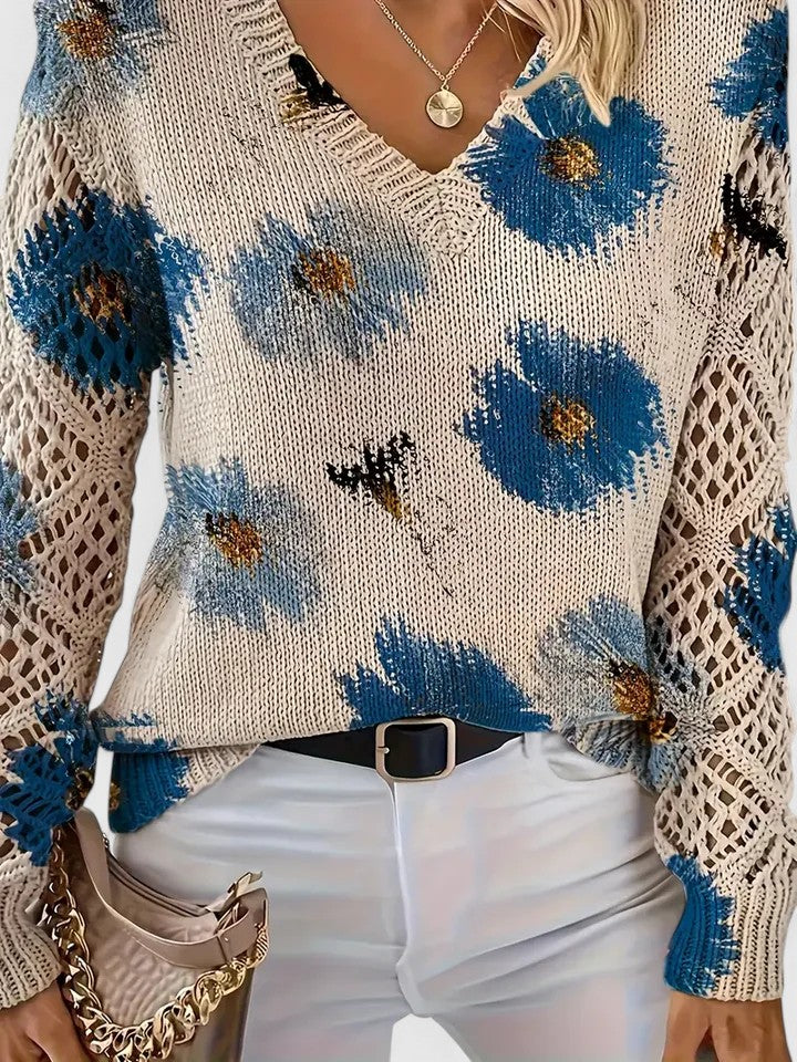 Women's Floral Knit V-Neck Sweater