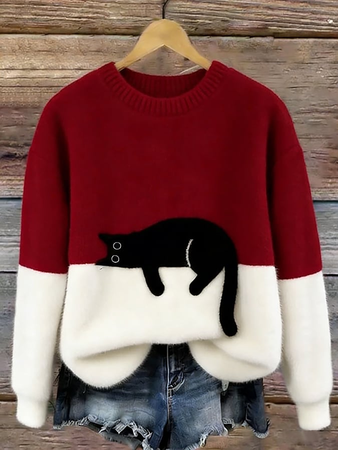 Women's Colourblock Cat Graphic Sweater