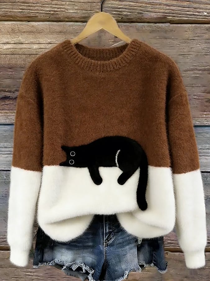 Women's Colourblock Cat Graphic Sweater