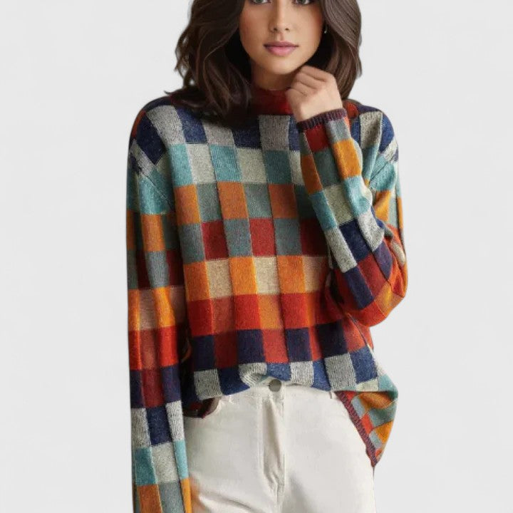 Women's Checkered Mock Neck Sweater