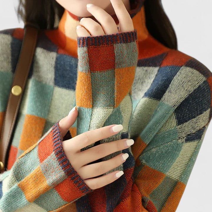 Women's Checkered Mock Neck Sweater