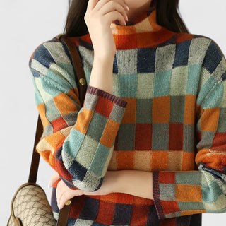 Women's Checkered Mock Neck Sweater