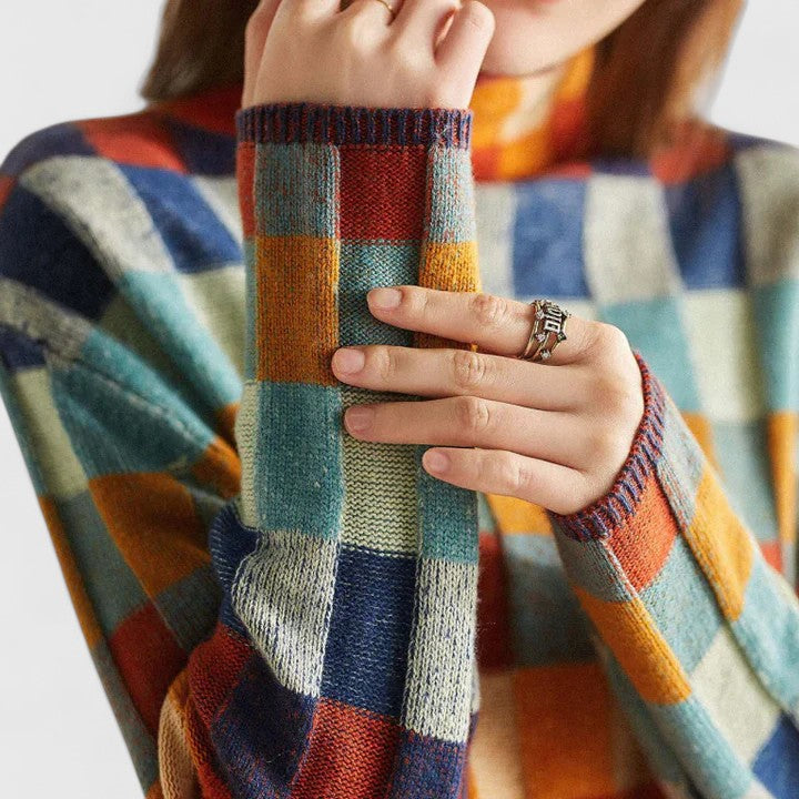 Women's Checkered Mock Neck Sweater