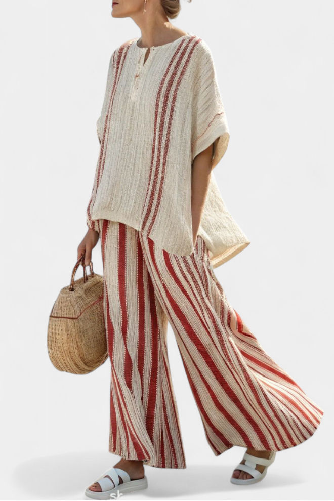 Mirella | Sophisticated Textured Red-Stripe Top & Linen Pants