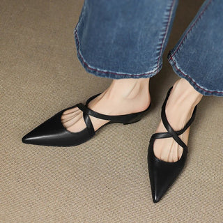 Harper | Leather Mules Cross-Strap Pointed Toe Low Heel Slip-On