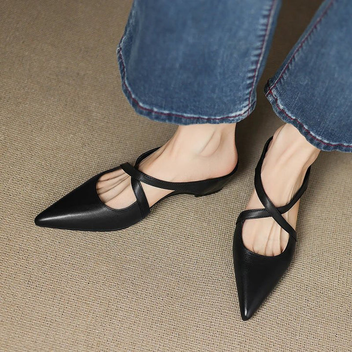 Harper | Leather Mules Cross-Strap Pointed Toe Low Heel Slip-On