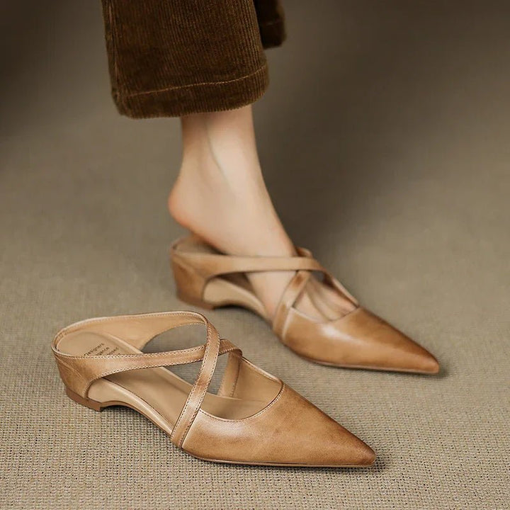 Harper | Leather Mules Cross-Strap Pointed Toe Low Heel Slip-On
