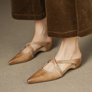 Harper | Leather Mules Cross-Strap Pointed Toe Low Heel Slip-On