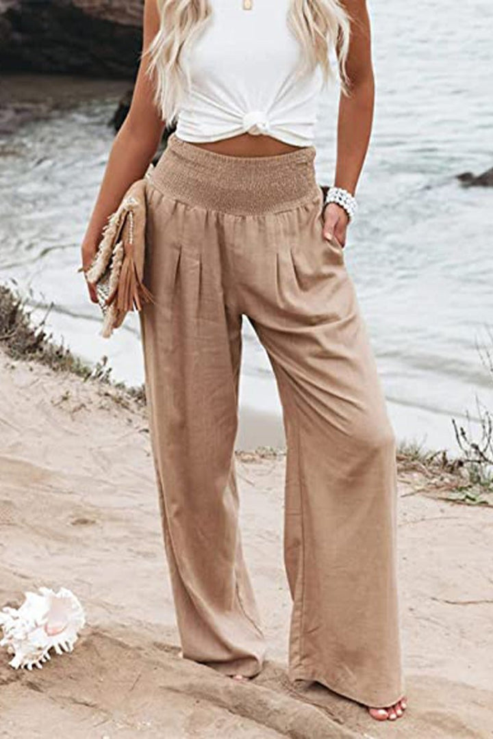 Women's Linen Wide-Leg Smocked Pants