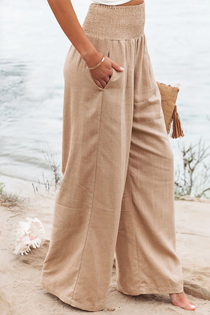 Women's Linen Wide-Leg Smocked Pants