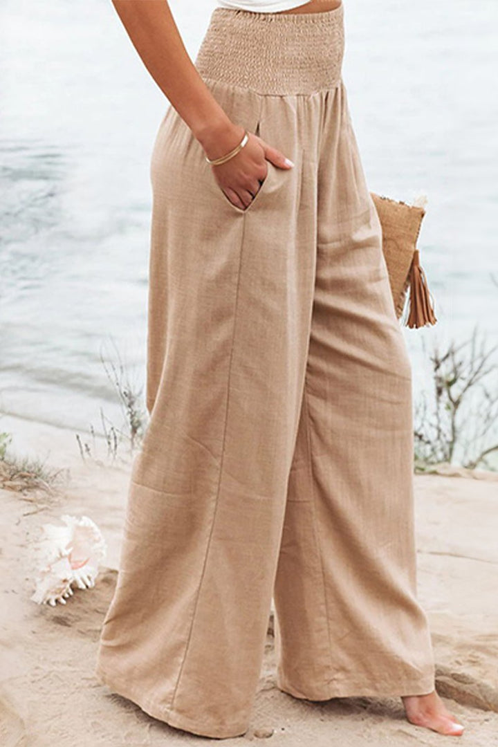 Women's Linen Wide-Leg Smocked Pants