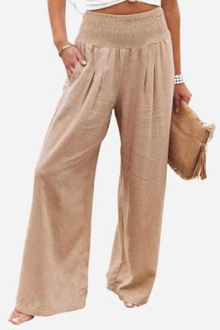 Women's Linen Wide-Leg Smocked Pants