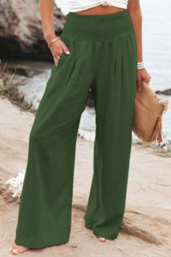 Women's Linen Wide-Leg Smocked Pants