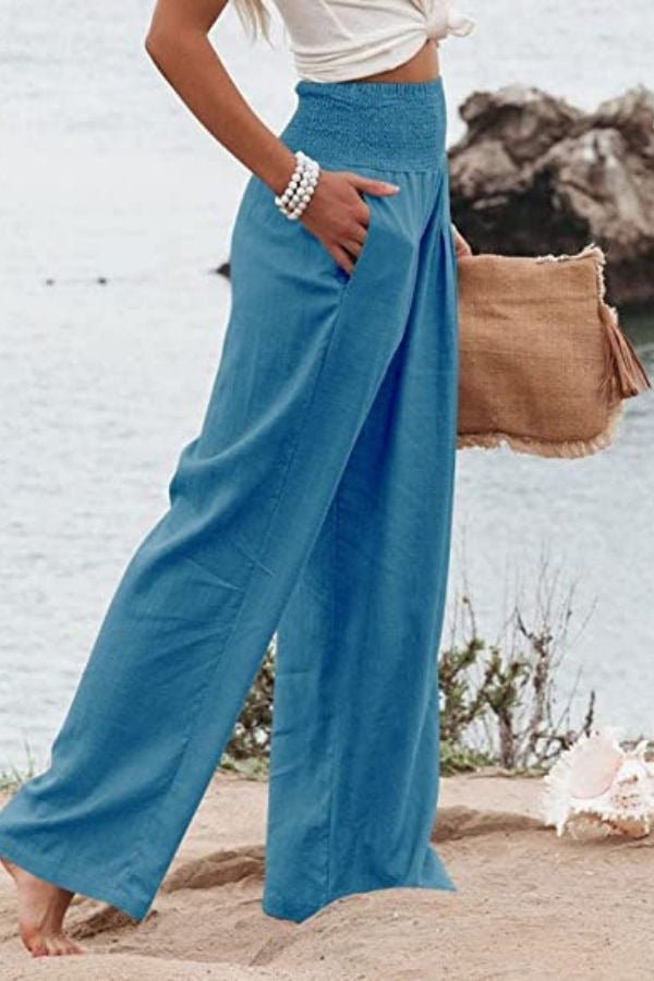 Women's Linen Wide-Leg Smocked Pants