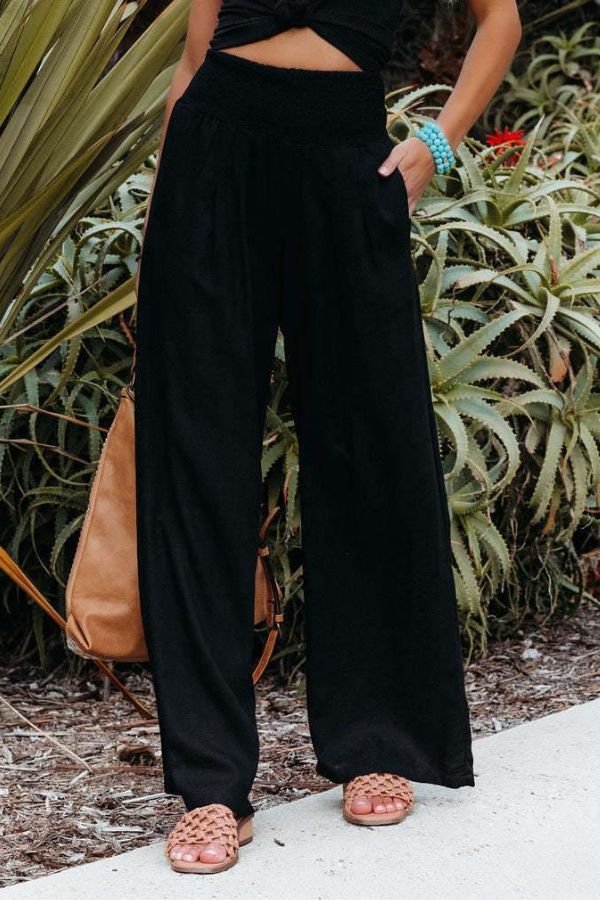 Women's Linen Wide-Leg Smocked Pants